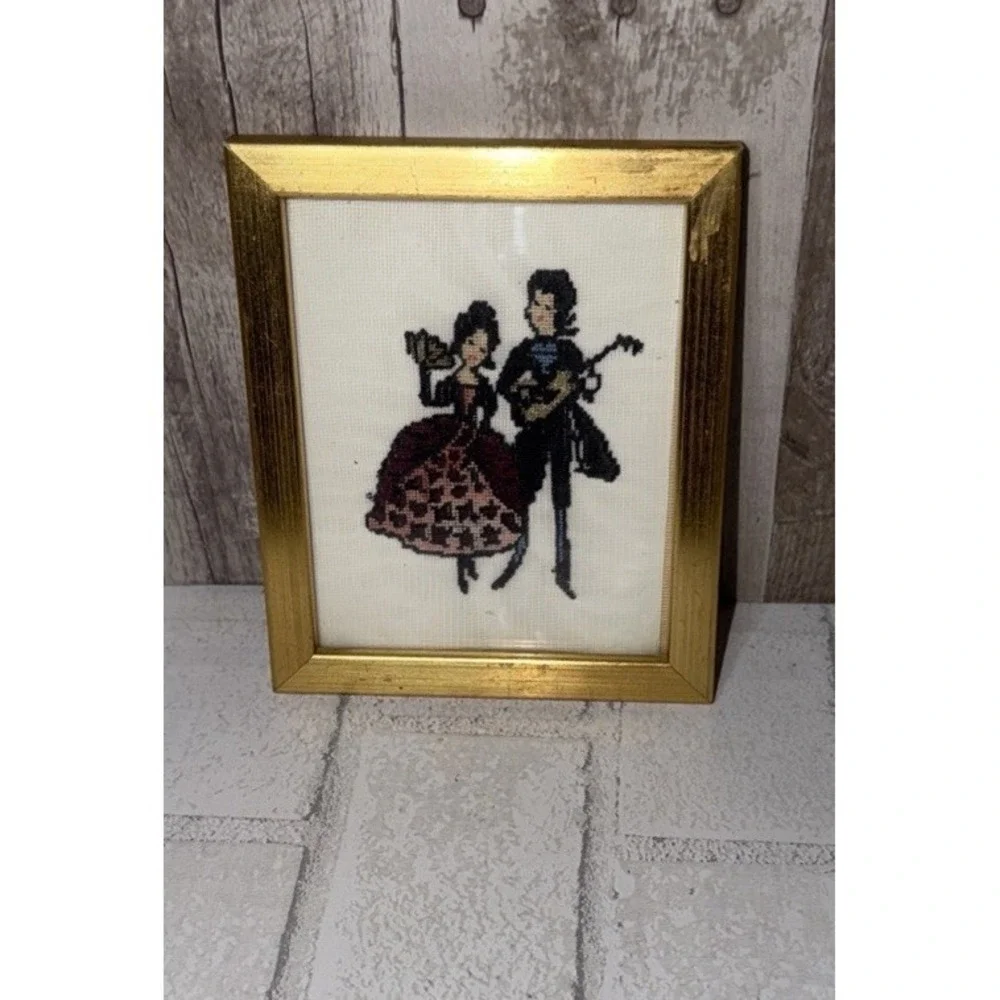 Vtg Framed Needlepoint Victorian Couple Sweden Cross Stitched Wall Art Framed